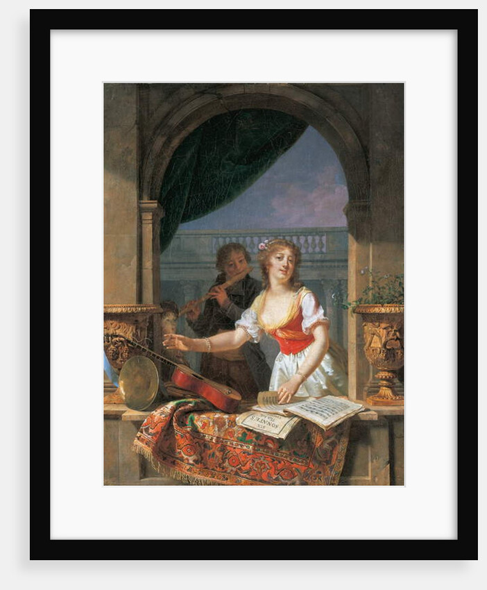 A young lady reaching for a guitar at a stone casement and a boy playing the flute beyond, 1796-97 by Martin Drolling