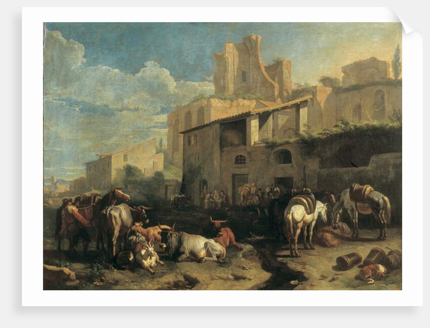 Travellers and various animals stop in front of a tavern with Roman ruins in the background 73.5 x 97 cm. by Pieter van Bloemen