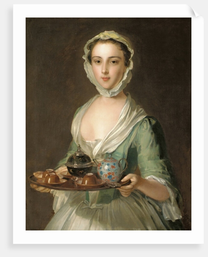 Portrait of a young woman, possibly Hannah, the artist's maid, holding a tea tray by Philippe Mercier