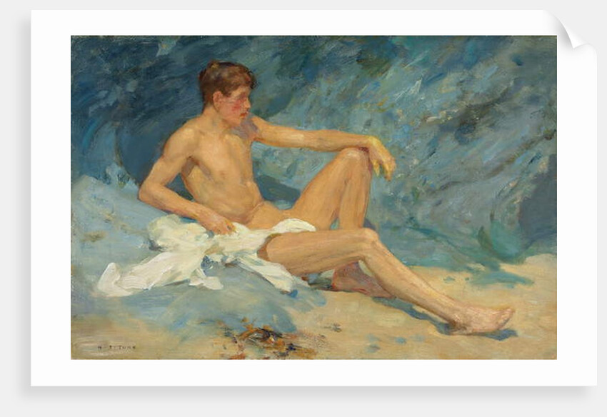 A male nude reclining on rocks by Henry Scott Tuke