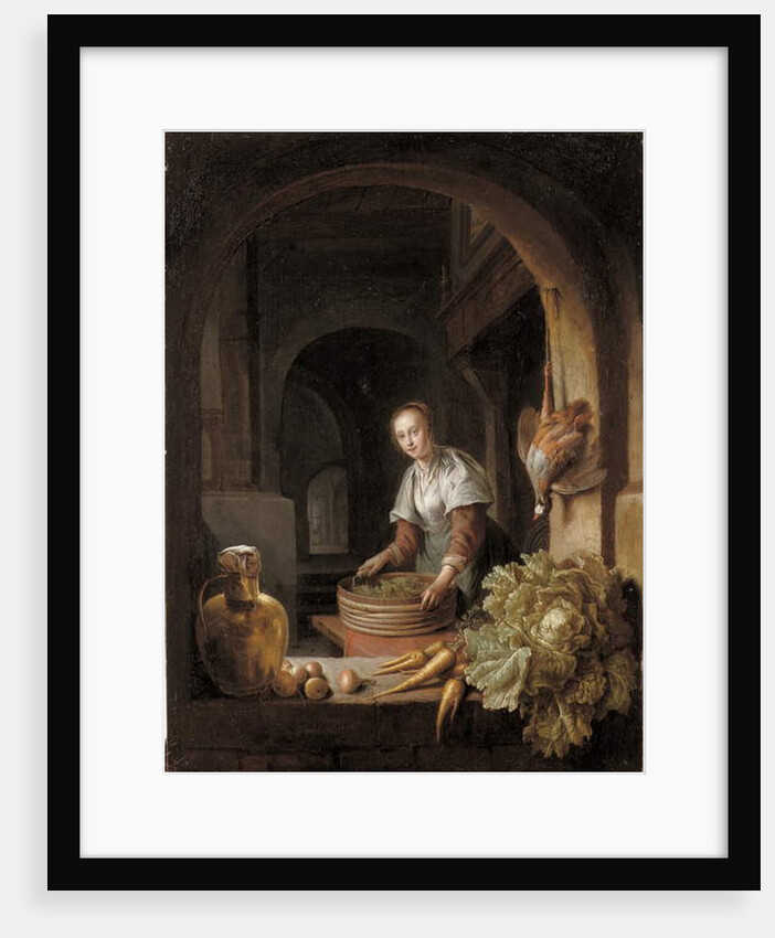 A maid preparing vegetables in a kitchen by Jan Adriansz van Staveren