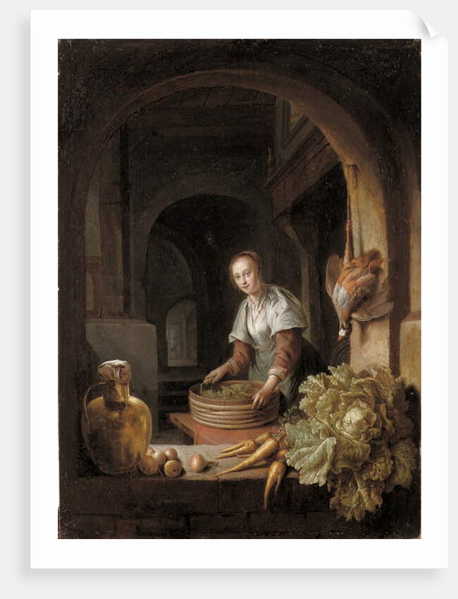 A maid preparing vegetables in a kitchen by Jan Adriansz van Staveren
