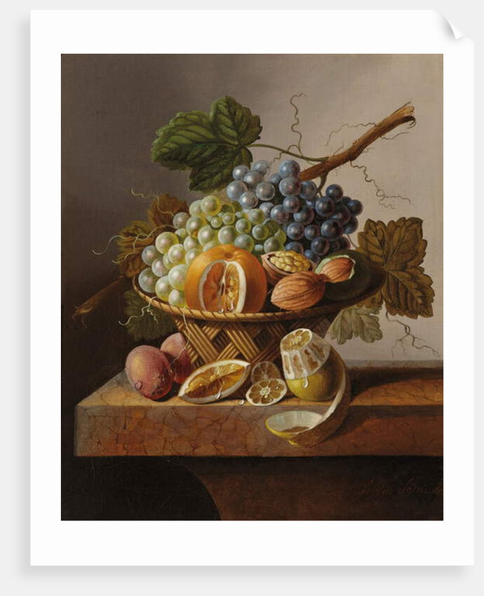 Grapes, an orange and walnuts in a wicker basket with a lemon and plums, all on a marble ledge by Johannes Cornelis Bruyn