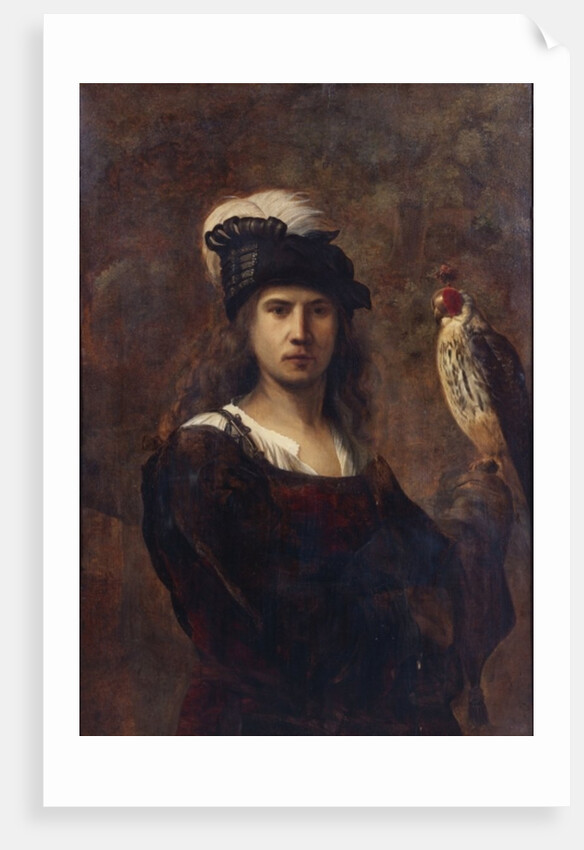 A falconer, standing half length, in a feathered hat by Rembrandt Harmensz. van Rijn (circle of)