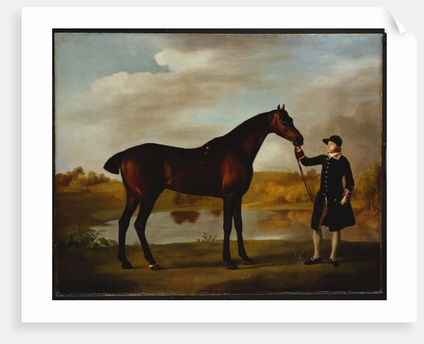 The Duke of Marlborough's Bay Hunter, with a Groom in Livery in a Lake Landscape by George Stubbs