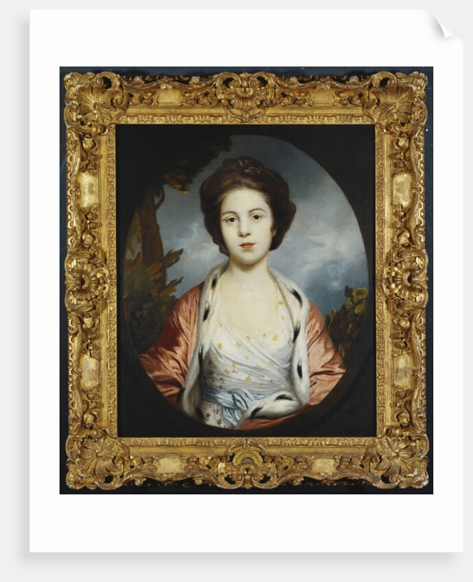 Portrait of Esther, Lady Wray, wearing a white dress, a gold and pink ermine-lined cloak, a landscape beyond by Joshua Reynolds