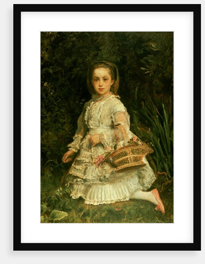 Portrait of Gracia, full length, wearing a white dress, picking wild flowers by John Everett Millais