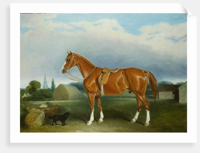 A Chestnut Hunter and a Spaniel by Farm Buildings by John E. Ferneley