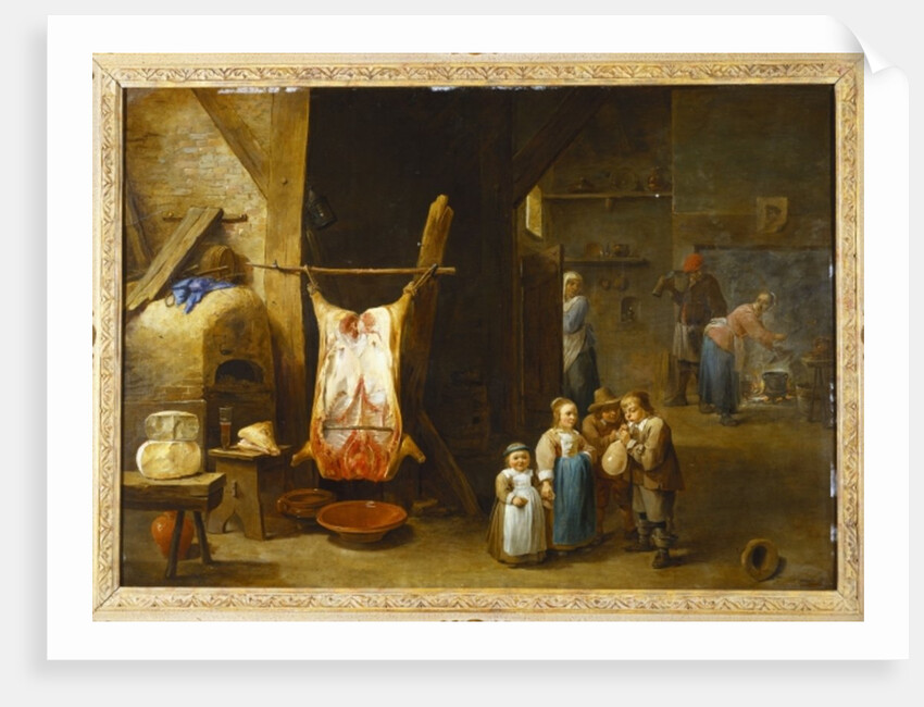 The interior of a peasant's cottage with a pig's carcass and a boy blowing up a bladder, 1646 by David the Younger Teniers