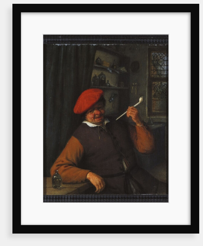 A Peasant in a Red Beret Smoking a Pipe, in an Interior by Adriaen Jansz. van Ostade