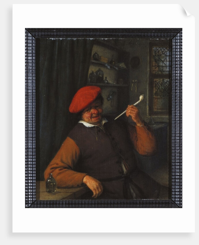 A Peasant in a Red Beret Smoking a Pipe, in an Interior by Adriaen Jansz. van Ostade
