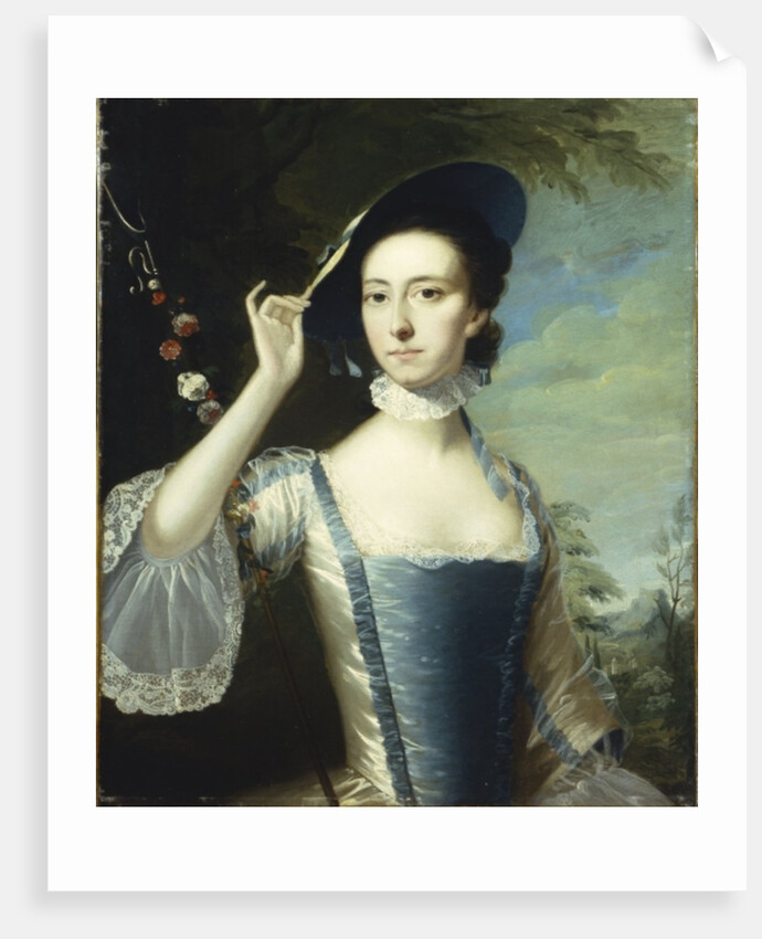 Portrait of a lady by a garland of flowers, in a landscape by Joseph Wright of Derby