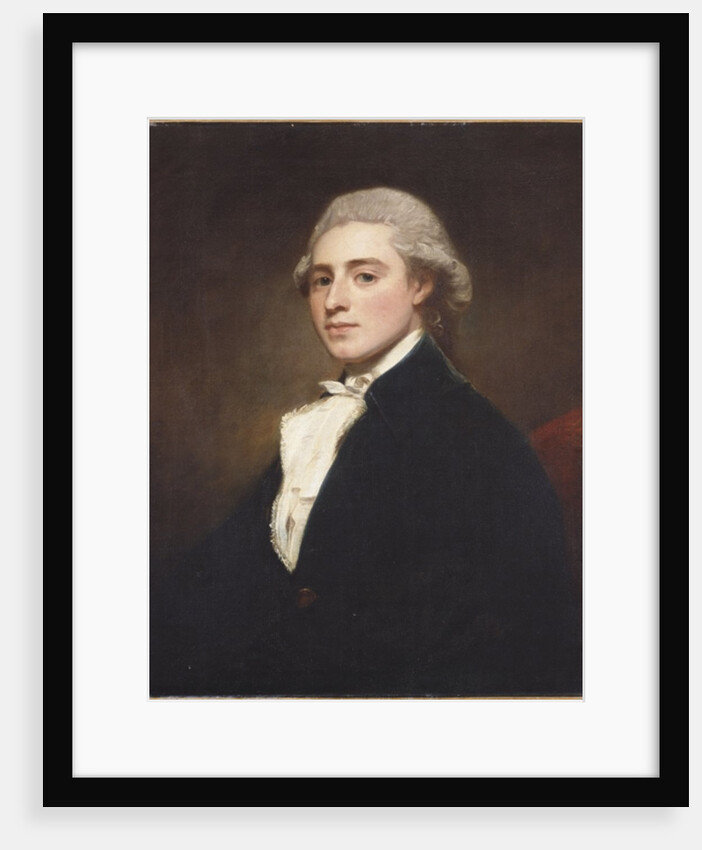 Portrait of James Dashwood, half length, wearing a blue jacket and white jabot by George Romney