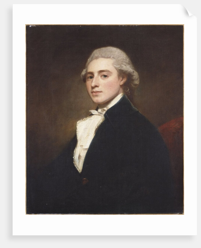 Portrait of James Dashwood, half length, wearing a blue jacket and white jabot by George Romney