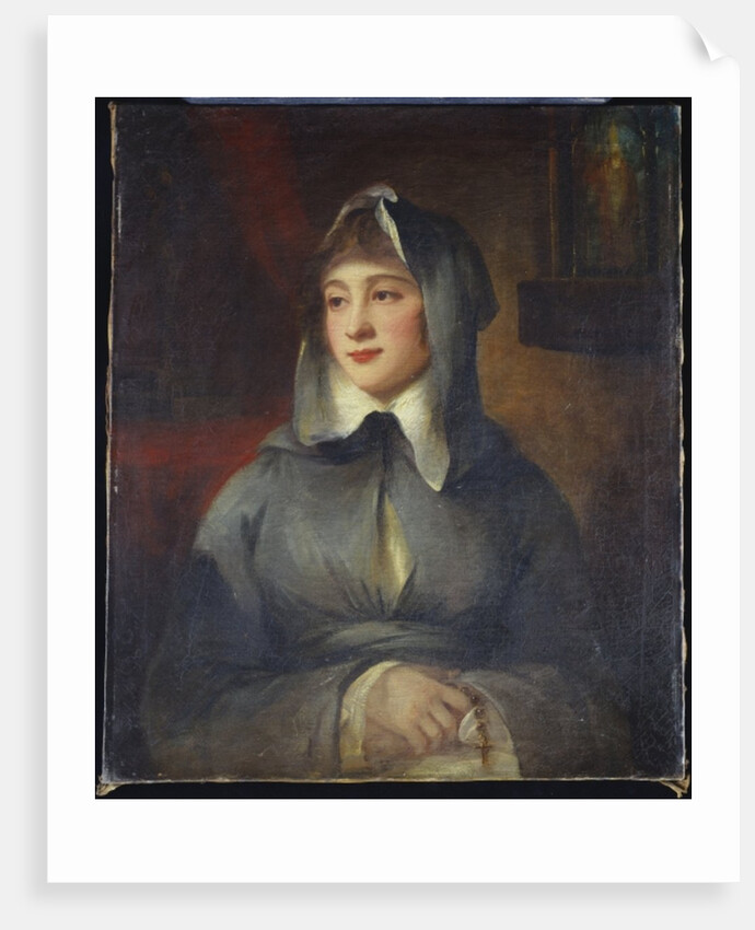 Portrait of a lady, half length, as a nun, holding a rosary, by a shrine in an interior by George Romney