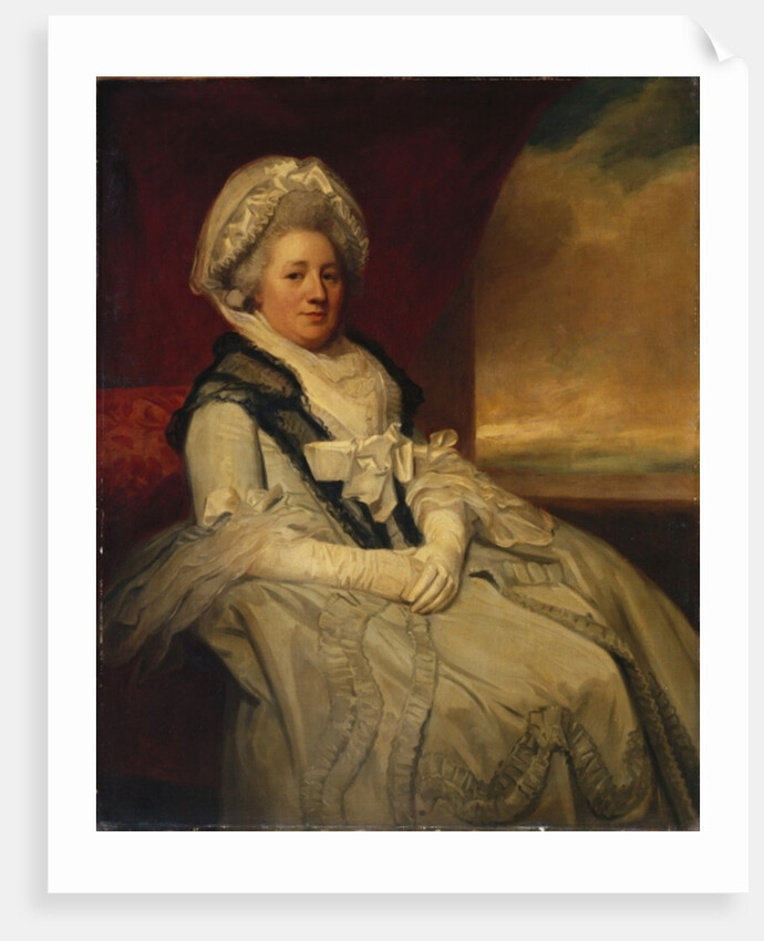 Portrait of Mrs. Uppleby, seated three-quarter length, wearing a white dress and bonnet with a black shawl by George Romney