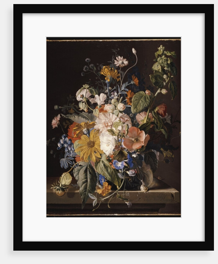 Poppies, Hollyhock, Morning Glory, Viola, Daisies, Sweet Pea, Marigolds and other Flowers in a Vase with a Snail on a Ledge by Jan van Huysum