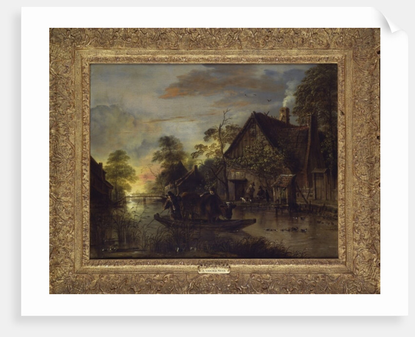 A River Landscape with Peasants Ferrying a Bull, Peasants by a Cottage Beyond by Aert van der Neer