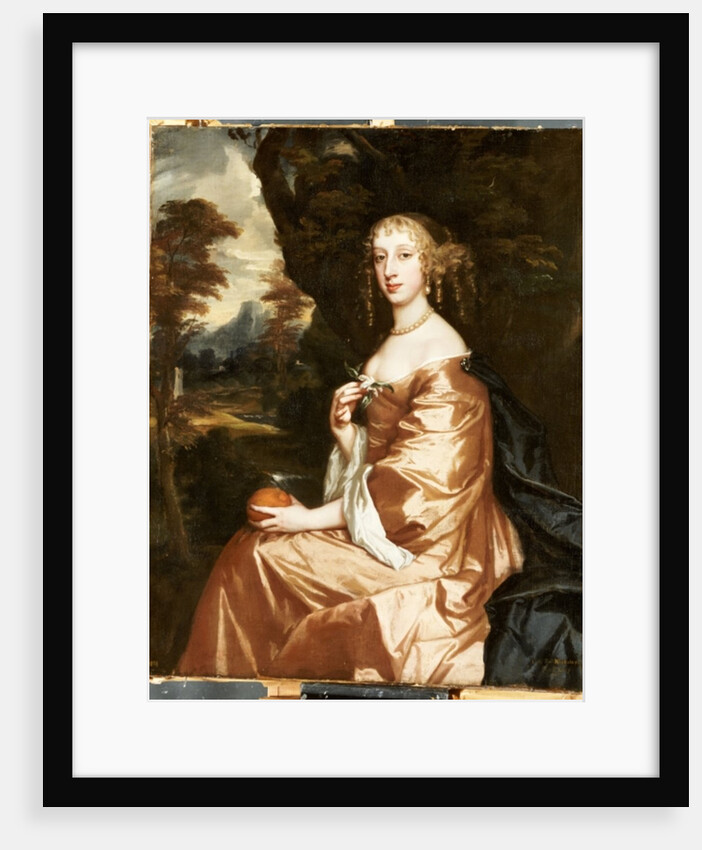 Portrait of Lady Penelope Nicholas, holding an orange in a landscape by Peter Lely