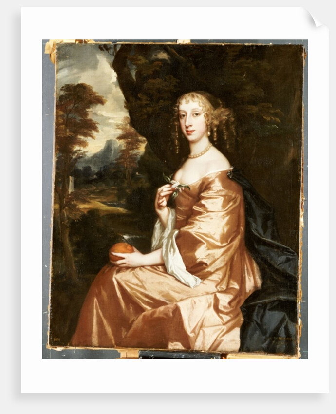 Portrait of Lady Penelope Nicholas, holding an orange in a landscape by Peter Lely