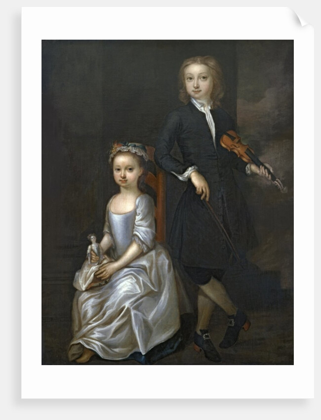 A young boy holding a violin and a young girl holding a doll by John (circle of) Vanderbank