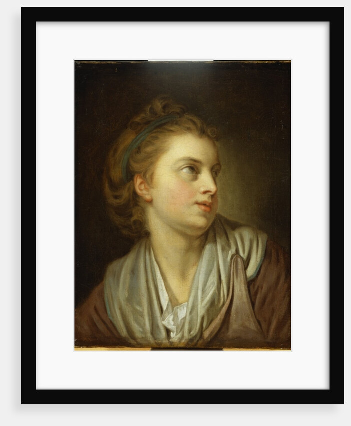 A girl, bust length, with a green hairband, looking up by Jean Baptiste Greuze
