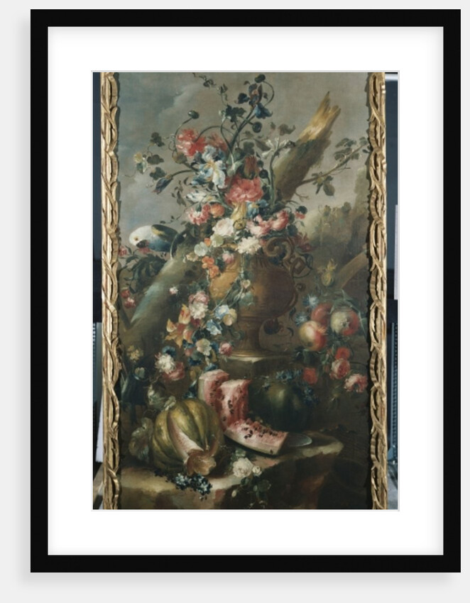 Flowers in a Sculpted Urn, with Melons and Parrot by Francesco Guardi