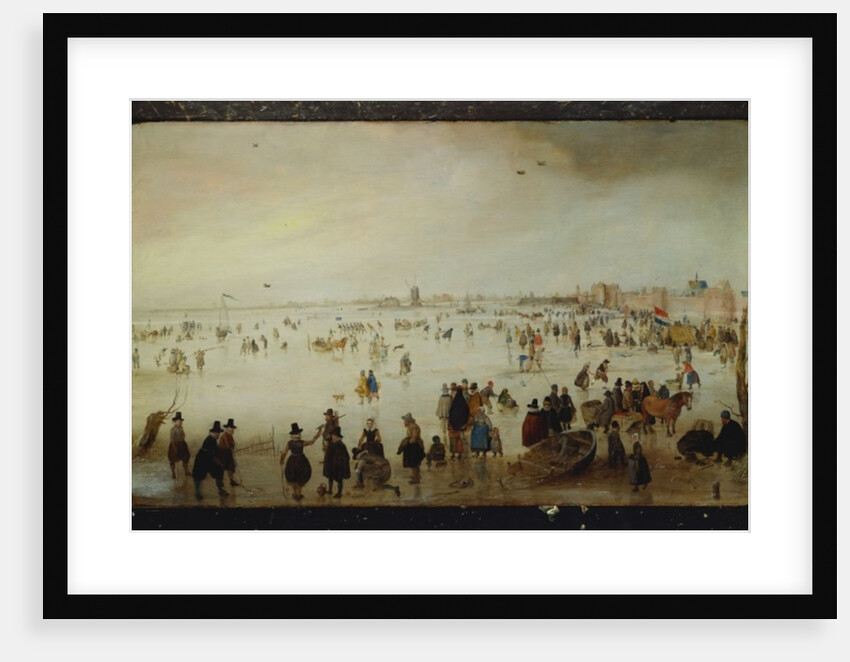 Skaters, golf players, elegant ladies and gentleman on frozen floodwaters by the Broederpoort at Kampen by Hendrik Avercamp