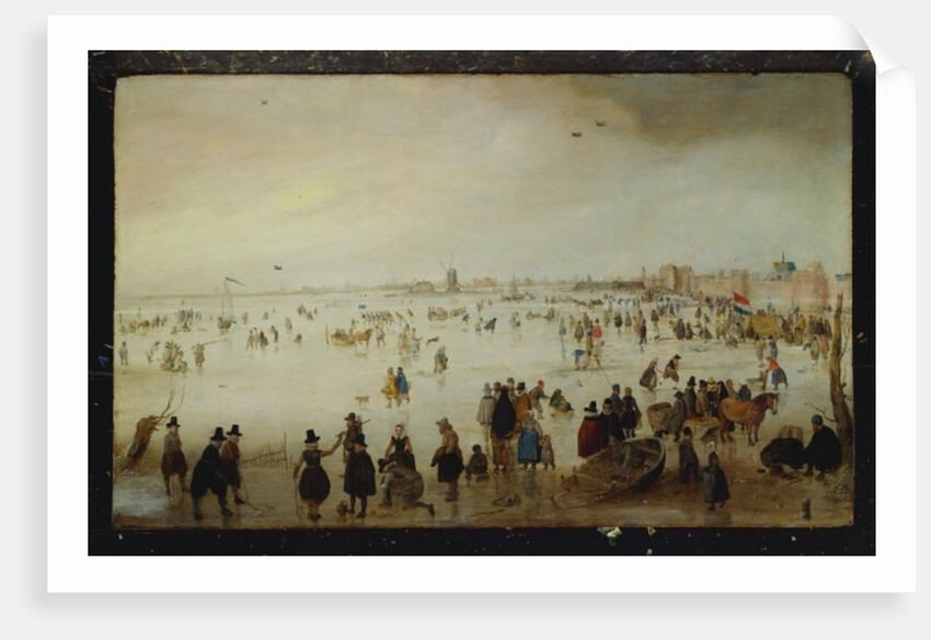 Skaters, golf players, elegant ladies and gentleman on frozen floodwaters by the Broederpoort at Kampen by Hendrik Avercamp