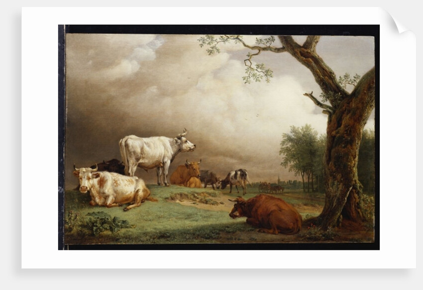 Cattle in a field, with travellers in a wagon on a track beyond and a church tower in the distance, a rain storm approaching, 1652 by Paulus Potter