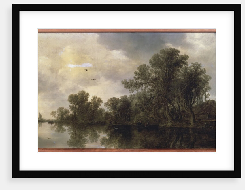 A wooded river landscape, with peasants in a rowing boat by a cottage and a ferry, a sailing boat in the distance, 1633 by Jan Josephsz van Goyen