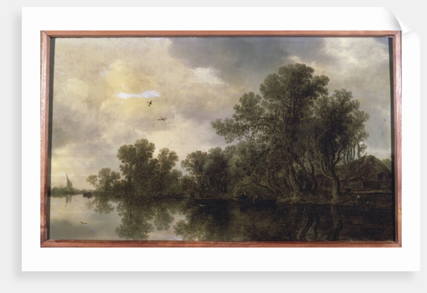 A wooded river landscape, with peasants in a rowing boat by a cottage and a ferry, a sailing boat in the distance, 1633 by Jan Josephsz van Goyen