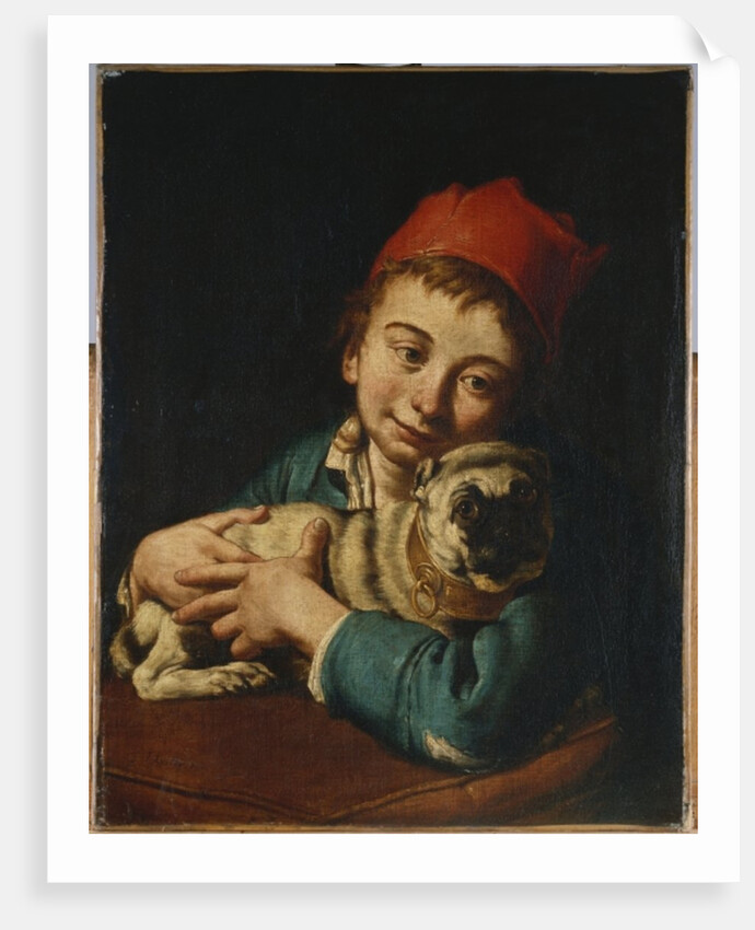 A boy, half length, in a blue jacket and a red hat, holding a pug on a cushion by Giacomo Ceruti
