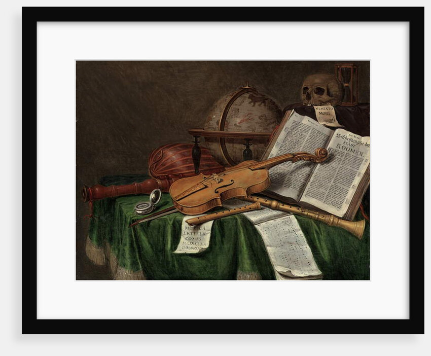 Vanitas still life with an astrological globe, a violin, a skull, an hourglass, an open book, a score, a watch, a lute and other musical instruments on a draped table, 1680s by Edwaert Colyer or Collier