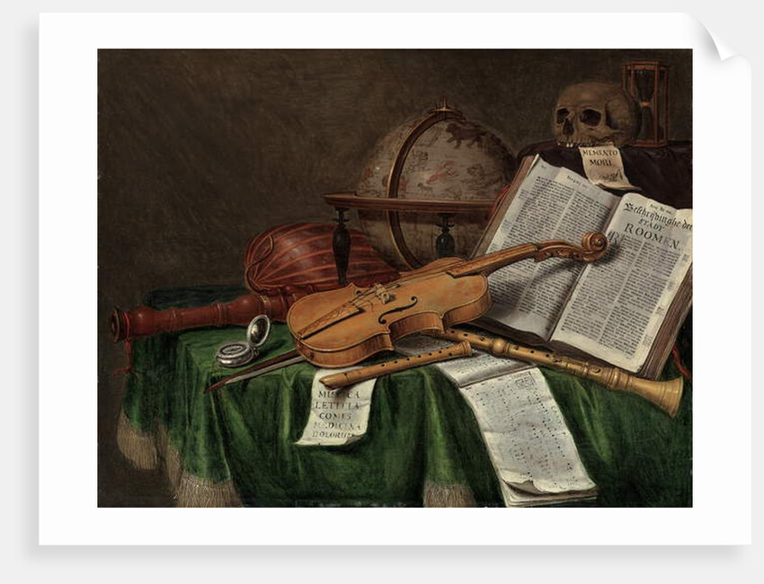 Vanitas still life with an astrological globe, a violin, a skull, an hourglass, an open book, a score, a watch, a lute and other musical instruments on a draped table, 1680s by Edwaert Colyer or Collier