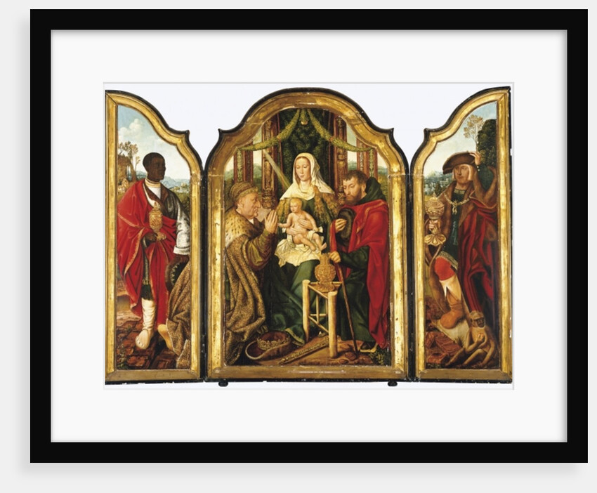 The Holy Family with Melchior offering gold to the Christ Child by Master of Frankfurt