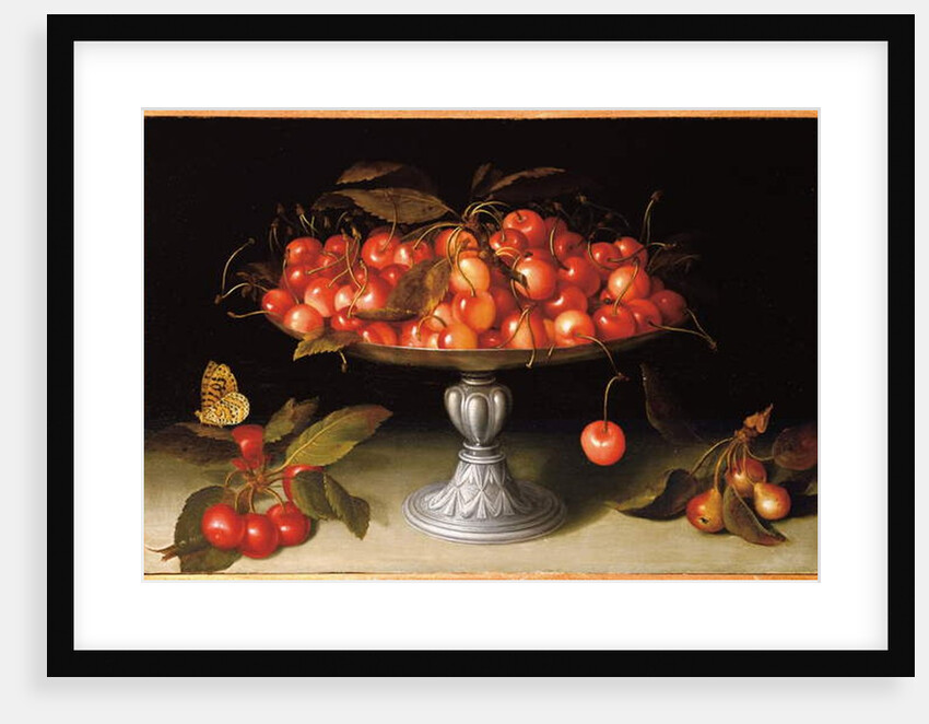Cherries in a silver compote with crabapples on a stone ledge and a fritillary butterfly by Fede Galizia