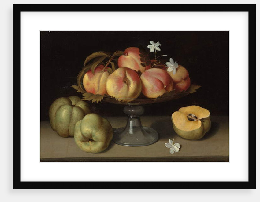 Peaches in a glass bowl, apples and jasmine flowers by Fede Galizia