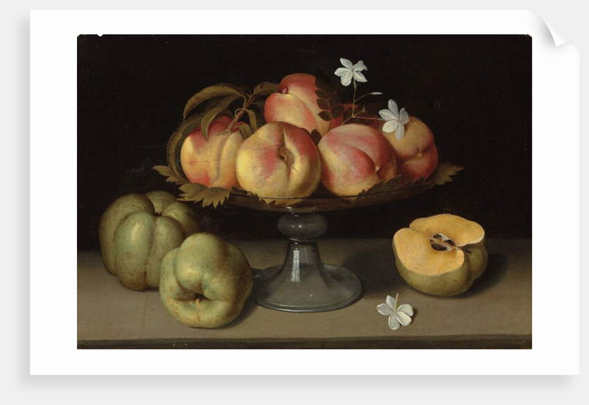 Peaches in a glass bowl, apples and jasmine flowers by Fede Galizia
