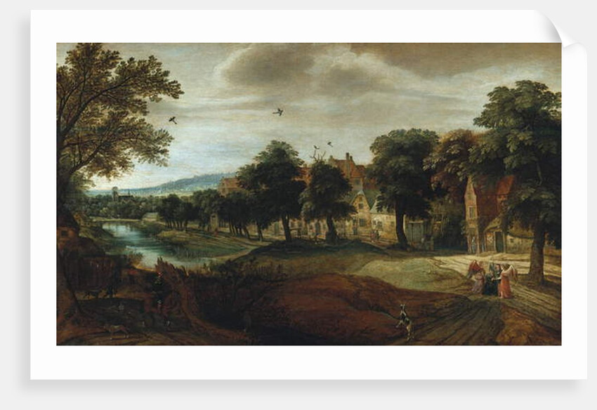A wooded river landscape with village buildings and Abraham and the Three Angels by Adriaen van Stalbemt