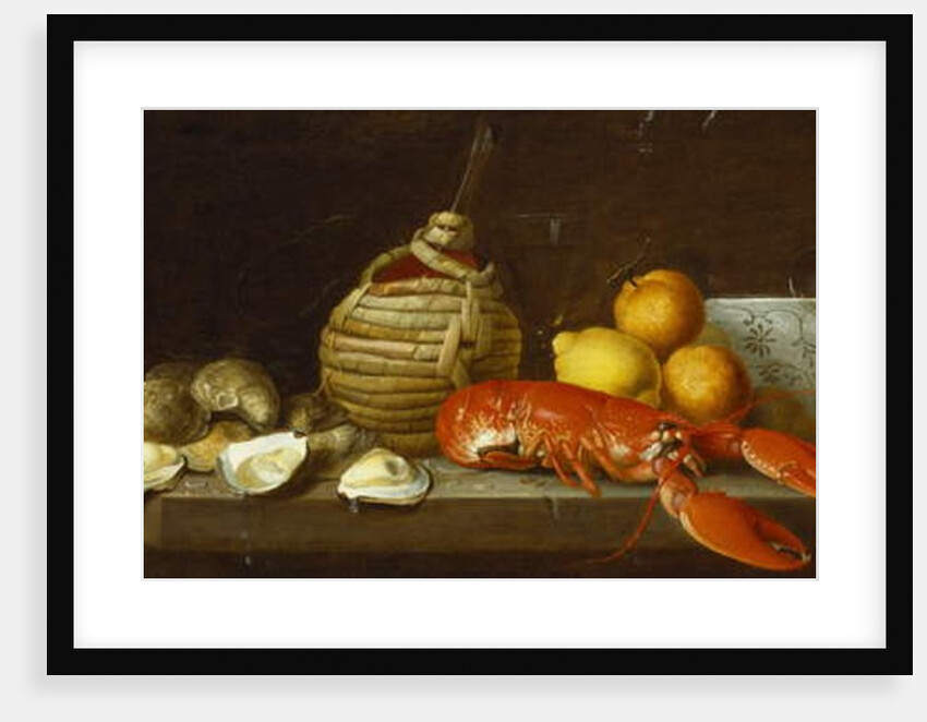 Bread, oysters, a Chianti flask, a lobster, lemons, oranges and glasses in a porcelain bowl on a ledge by Jakob Bogdani or Bogdany