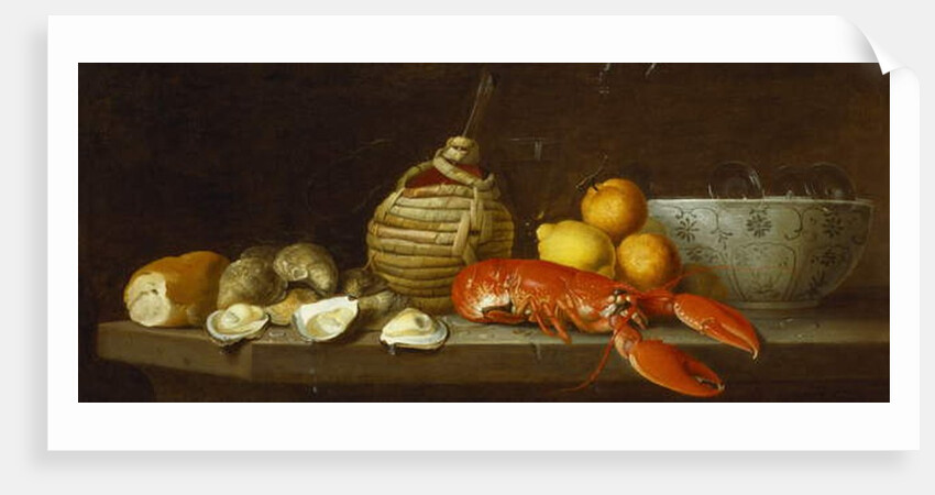Bread, oysters, a Chianti flask, a lobster, lemons, oranges and glasses in a porcelain bowl on a ledge by Jakob Bogdani or Bogdany
