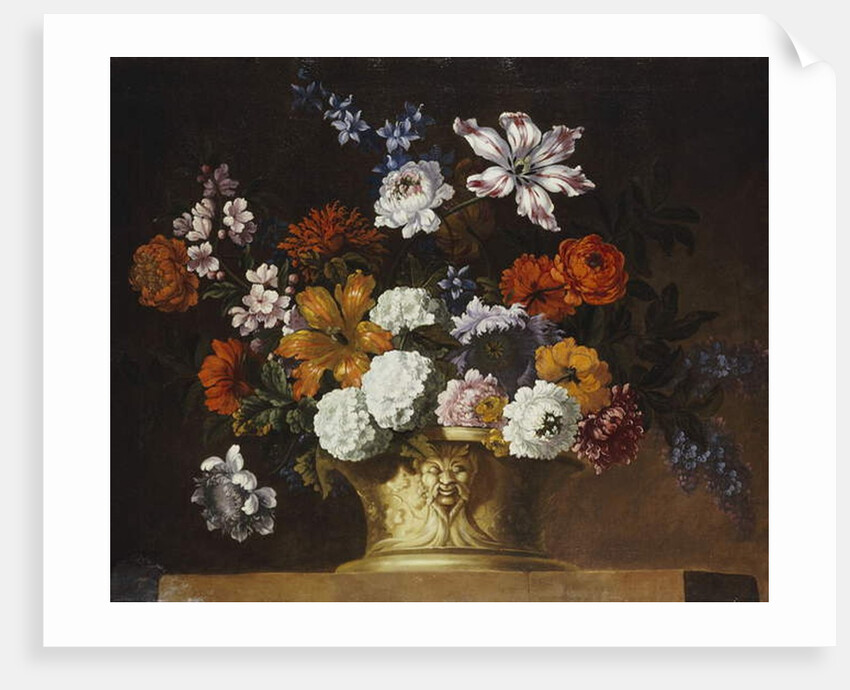 Tulips, snowballs and other flowers in a sculpted urn on a ledge by Pieter Casteels