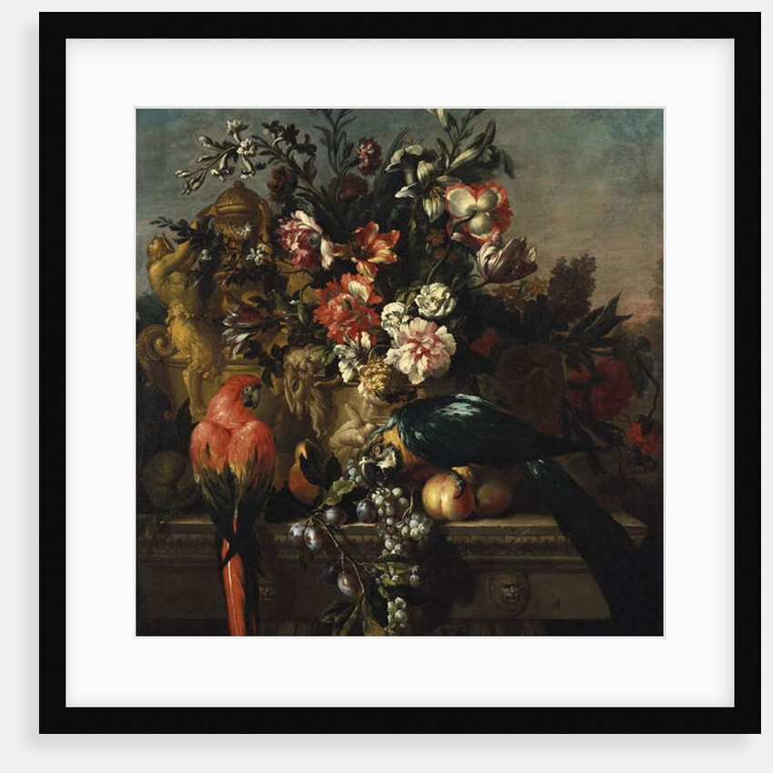 Carnations and other flowers with parrots on a pedestal by Pieter Casteels