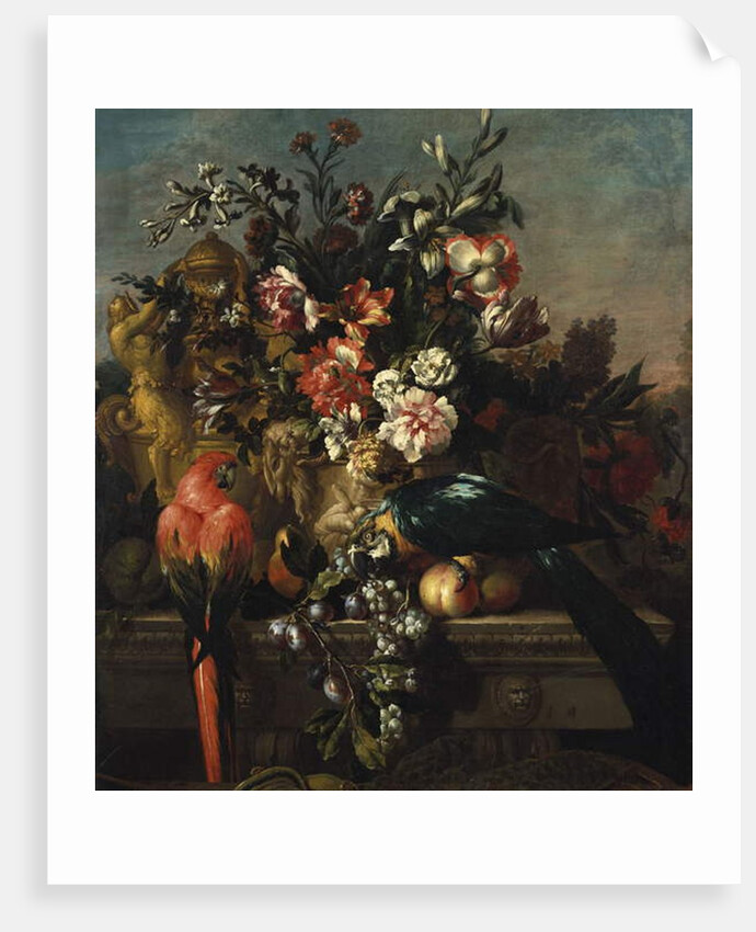 Carnations and other flowers with parrots on a pedestal by Pieter Casteels