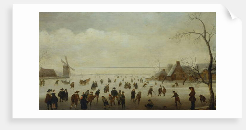 Winter landscape with numerous skaters, golf players and peasants on frozen waterways by Antoni Verstralen