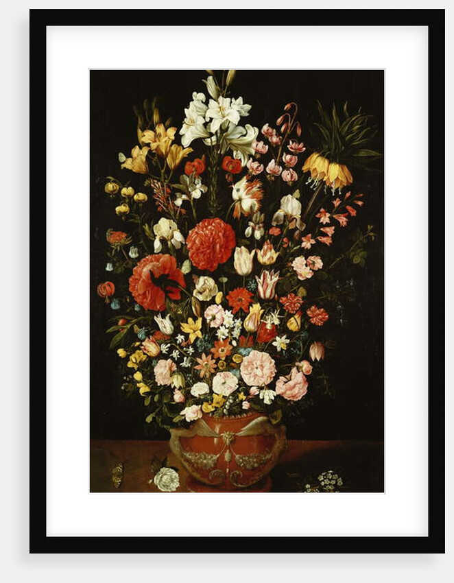 Tulips, lilies, irises, roses, carnations, peonies and other flowers in a sculpted terracotta urn by Osias the Elder Beert