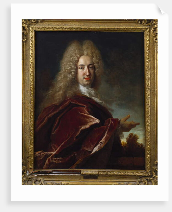 Portrait of a gentleman, wearing a long wig, lace jabot and burgundy cloak by Nicolas de Largilliere