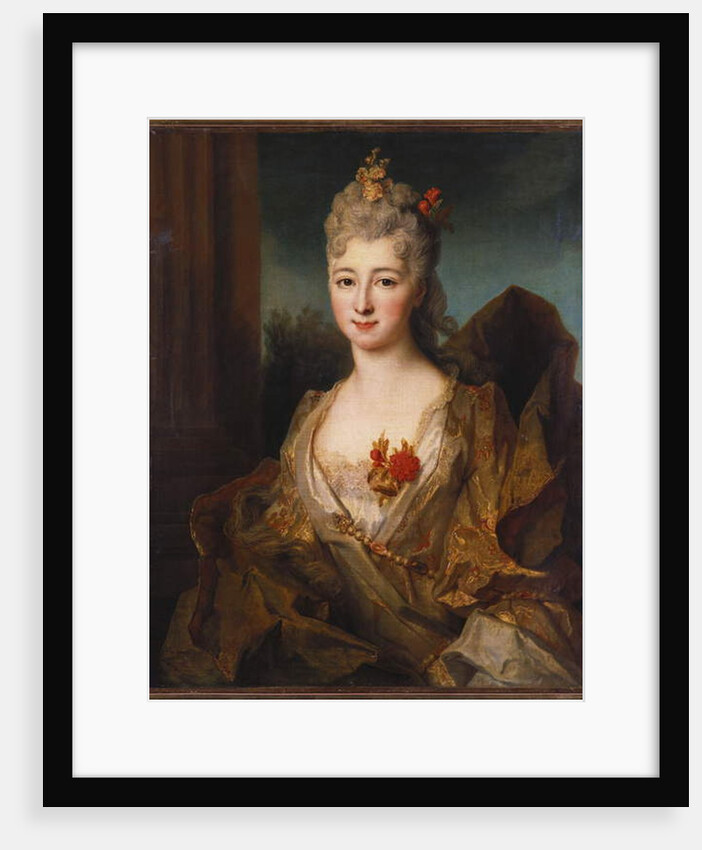 Portrait of a lady, half length, in a white and gold embroidered dress, with flowers in her hair by Nicolas de Largilliere