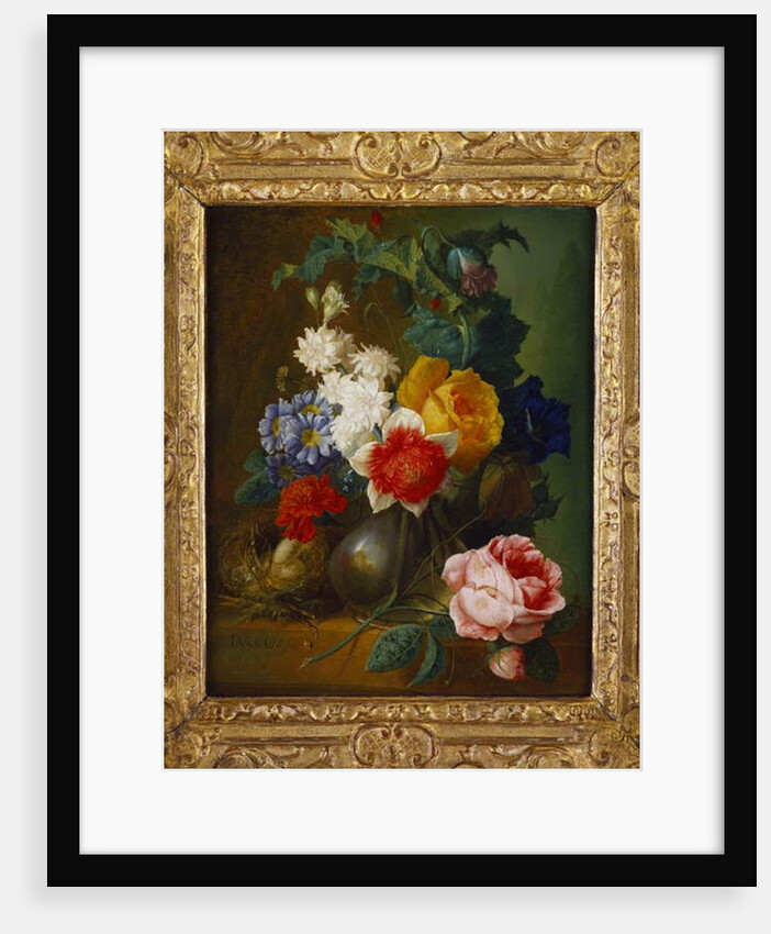 Roses, poppies, morning glory and other flowers in a vase with a bird's nest on a ledge by Jan van Os